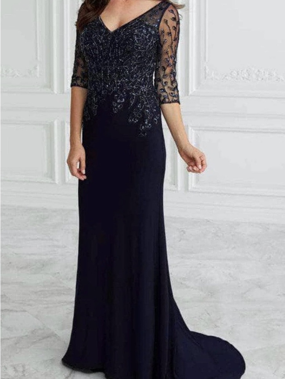 Christina Wu Navy Beaded V-Neck Evening Gown
